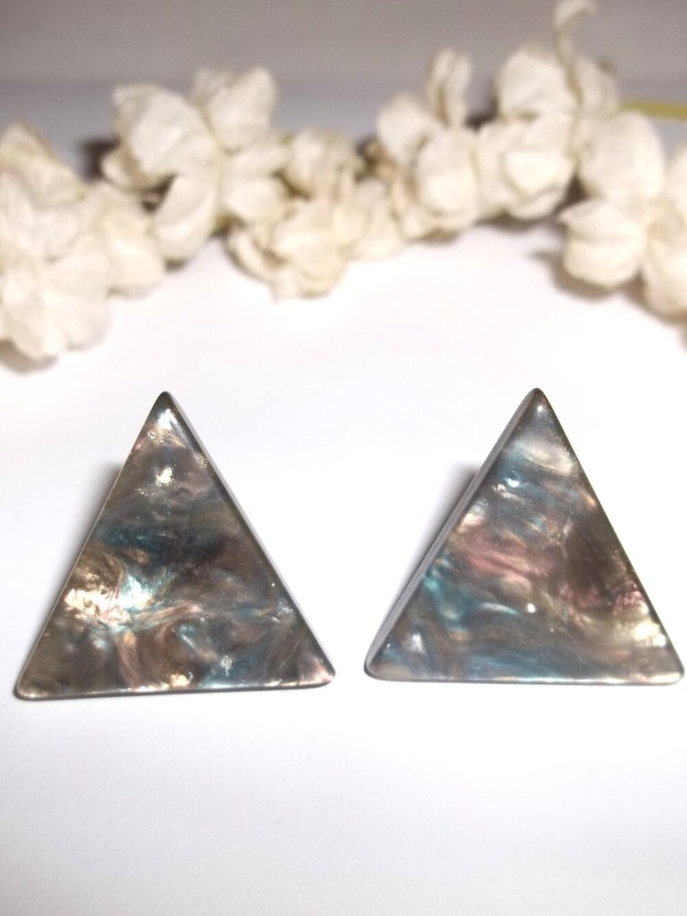 Vintage Earring Acrylic Triangle Faux Abalone Shell Unisex Jewelry Set Pair D862
